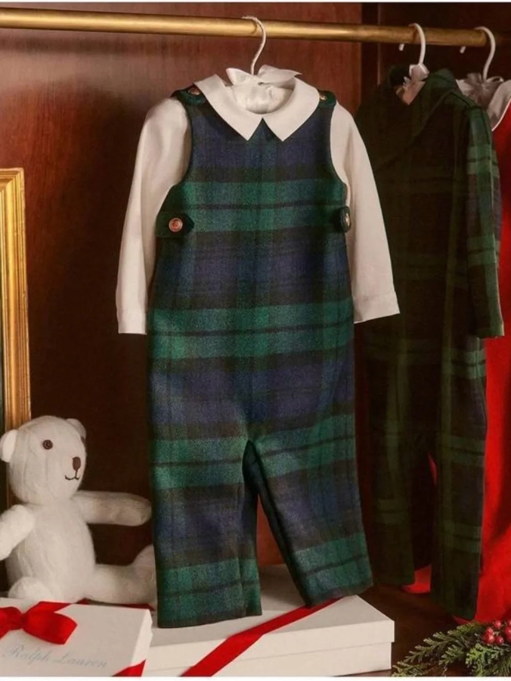 Ralph Lauren Wool Green and Navy Plaid Infant Romper with White Collared Shirt
